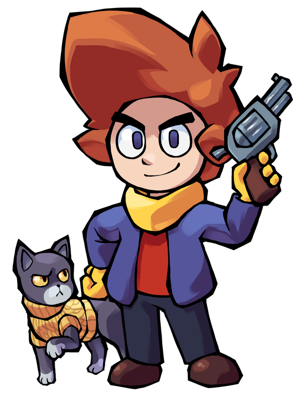 The main characters of "Lazarus Hearts": Ren, a teen sporting a revolver and ridiculous hairdo, and Sinbad, a cat wearing a yellow sweater.